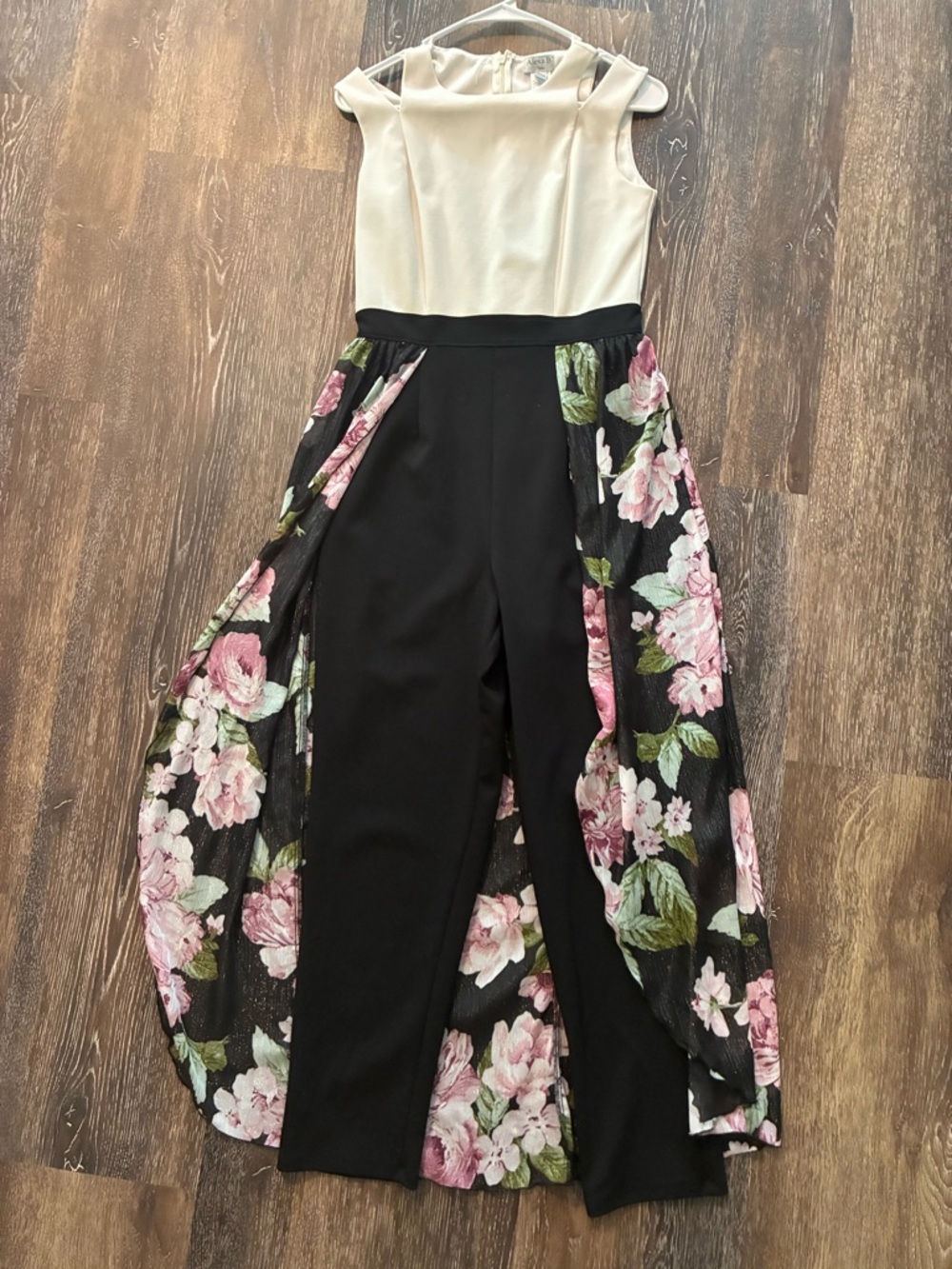 Black and White Floral Skirted Jumpsuit - Elegant Pink Floral Overlay